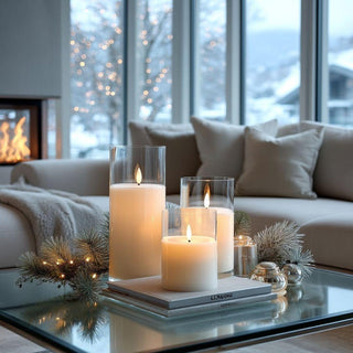 Three white flameless LED candles of varying heights with glowing realistic flames displayed in cozy living room with fireplace and winter scenery – elegant modern home lighting décor