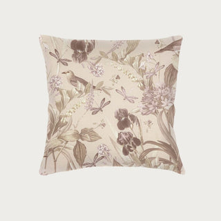 20x20 Tropical Paradise linen throw pillow in warm beige with botanical and bird print, handmade to order in Florida with down alternative insert included