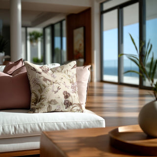 20x20 Tropical Paradise beige botanical linen throw pillow layered with mauve solid pillow on neutral sofa in luxury Newport Beach modern contemporary living room