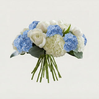 True Bloom Blue Hydrangea Garden Arrangement shown without vessel featuring layered blue and white hydrangea with white roses for flexible styling