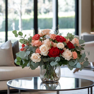 A beautiful floral arrangment consisting of 17 Inch Red True Bloom Floral Real Touch Full Bloom Rose Stems, light pink roses, cram roses and eucalyptus.  w/Folia, Home Decor, Third & Main, Floral, Faux Floral, Roses, Florals