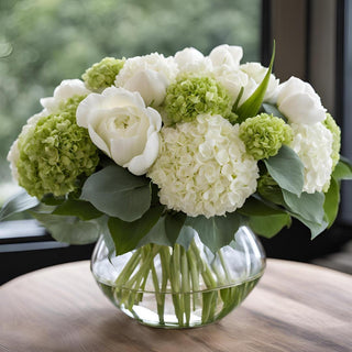 True Bloom Floral™ hydrangea and rose real touch arrangement featuring green and white hydrangea with creamy Austin roses displayed in clear glass bowl on modern coffee table in neutral living room