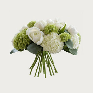 True Bloom Floral™ hydrangea and rose real touch arrangement shown without vessel, featuring layered green hydrangea and creamy white roses for flexible styling