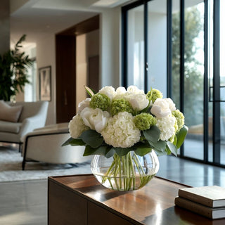 True Bloom Floral™ hydrangea garden arrangement styled in modern transitional living room featuring green hydrangea, white roses, and creamy Austin roses in glass bowl