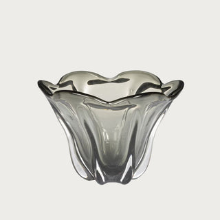 Small smoky gray tulip-shaped glass bowl with wavy edges and sculptural design, perfect for modern or transitional home decor, Fall Decor, Contemporary Decor, Luxury Decor