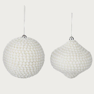 Two styles of 4-inch white beaded ornaments, round and onion shape, with matte cream finish and gold thread accents – refined neutral holiday décor for modern Christmas tree design.