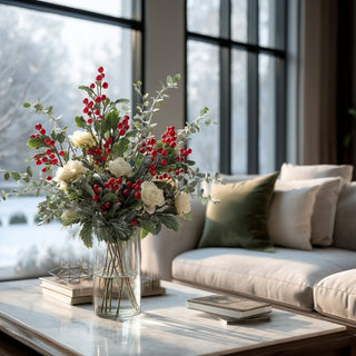 Vase of faux holly stems with red berries and greenery styled on marble coffee table in cozy living room – elegant 30-inch artificial holly arrangement for festive home décor.