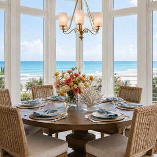 white resin coral sculpture styled on luxury coastal dining table with ocean view wicker dining chairs and colorful floral centerpiece