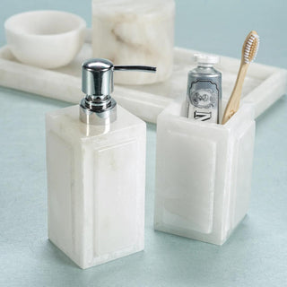 This is a beautiful creamy white alabaster soap/lotion dispenser with a polish chrome pump.  Creamy White Alabaster Soap/Lotion Dispenser, Third & Main, Alabaster, Luxury Bathroom Essentials.