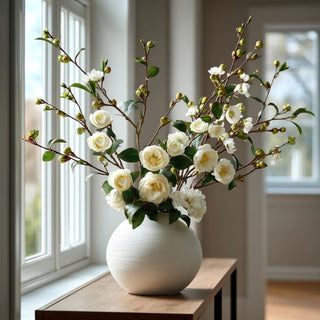 30 inch faux white camellia stems styled in modern ceramic vase on entryway table with natural daylight in refined contemporary interior