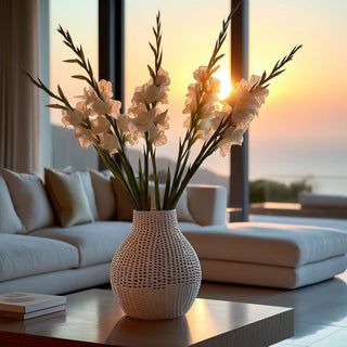 White semi-gloss ceramic latticework vase styled with tall white gladiolus stems at golden hour in a luxury Malibu California modern living room overlooking the ocean.