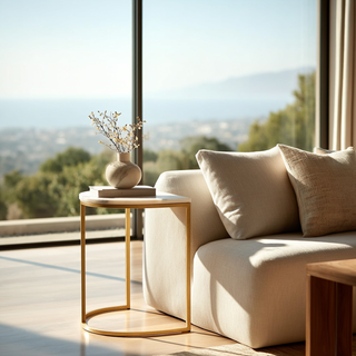 white marble and gold accent side table styled beside sofa with neutral pillows and small vase in sunlit modern living room