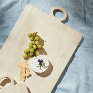 Whitewashed mango wood serving tray with round handle, available in three sizes, rustic modern wood charcuterie board or kitchen tray for entertaining and everyday use., Third & Main, Home Decor