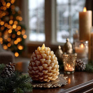 LED Flameless Luminara Decorative candle shaped like a pinecone on a table with a blurred Christmas tree in the background. From Third & Main