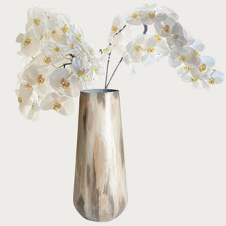 Large Almeta Vase hand-painted enameled iron vase styled on a tabletop, Third & Main