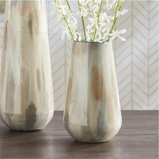 Small Almeta Vase styled on a side table, cream enameled iron finish, Third & Main
