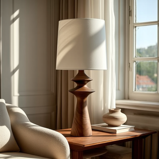 Sculptural tabletop lamp with a turned paulownia wood base and white cotton shade styled on a wood side table in soft natural light, showcasing an airy quiet luxury living room aesthetic.