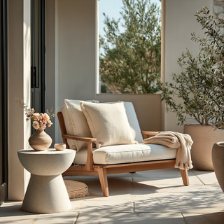 Terrazzo-style stone pedestal side table with sculptural hourglass silhouette in warm ivory tone styled outside under a covered patio next to a bamboo outdoor chair