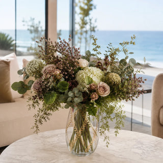 Aurelia Botanical Glass Vase in clear glass with trailing gold leaf detailing and a gold rim, available in three sizes from Third & Main.