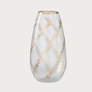 Large Aurelia Botanical Glass Vase, 14.25 inches high and 7 inches wide, with clear glass, trailing gold leaves and a gold rim for tall floral arrangements.
