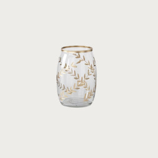 Small Aurelia Botanical Glass Vase, 6.5 inches high, in clear glass with gold botanical leaf detailing and a gold rim for petite florals, shelves and tabletop decor.