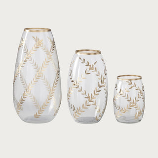 Aurelia Botanical Glass Vase in clear glass with gold leaf detailing, shown in Small, Medium and Large sizes available from Third & Main home decor.
