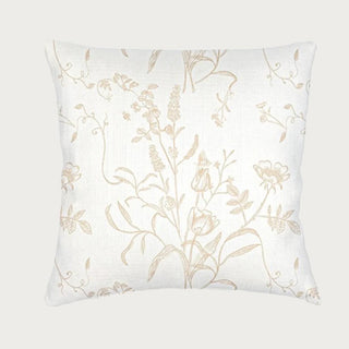 Close-up of Beige English Garden linen throw pillow showing tan botanical print texture, Third & Main