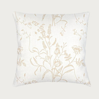 Beige English Garden linen throw pillow with tan botanical print and down alternative insert, Third & Main