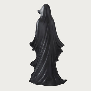 Black hooded draped LED ghost Halloween decoration with layered resin folds, warm amber glow, and built-in timer.