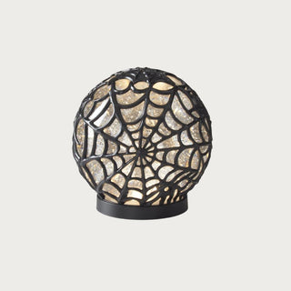 6.5-inch black spiderweb water-spinning LED globe with illuminated silver sparkle interior for Halloween decor.