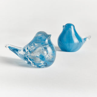 Blue Glass Finch Birds set of 2 shown in close-up detail, decorative glass bird figurines, Third & Main