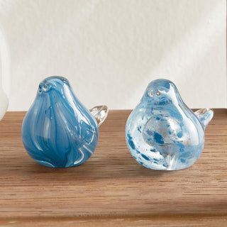 Blue Glass Finch Birds set of 2 shown from a side angle, decorative glass bird figurines, Third & Main