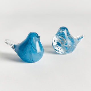 Blue Glass Finch Birds set of 2 styled together on a surface, decorative glass bird figurines, Third & Main