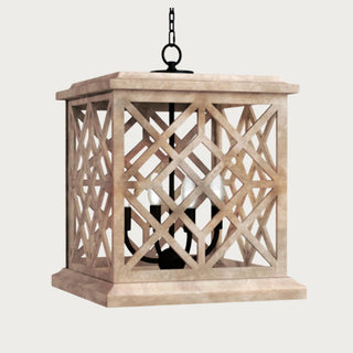 Chatham natural wood lattice pendant lantern hanging over a dining table, Third & Main