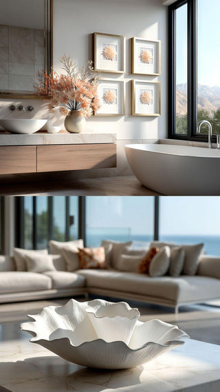 Modern white ceramic statement bowl with organic flowing silhouette displayed on a travertine coffee table in a luxury Malibu California contemporary home with coastal ocean backdrop.