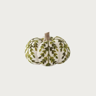 4.5-inch cream and olive green foliage knit pumpkin with textured textile body and natural mango wood stem for fall decor.
