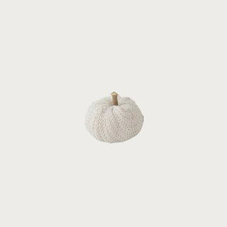 Individual cream knit filler pumpkin with textured fiber surface and natural stick stem from a decorative set of nine fall pumpkins.