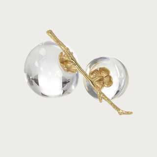 Crystal Pomegranate Sculpture with gold twig stem on a neutral background, Third & Main