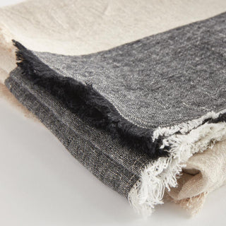 European linen throw blanket in flax and charcoal, corner and hem detail