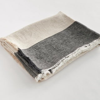 European linen throw blanket in flax and charcoal, full unfolded view