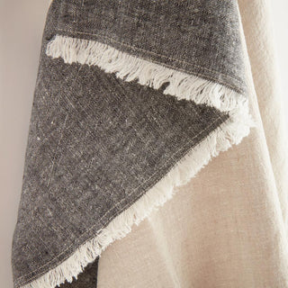 European linen throw blanket in flax and charcoal, close texture detail