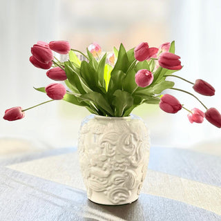 Close-up of fuchsia True Bloom real touch tulip stem showing lifelike petal texture and stem detail, Third & Main