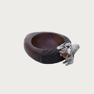 Hartwell 9-inch dark wood nut bowl with pewter squirrel, oak leaf, and acorn trim shown against a neutral background.
