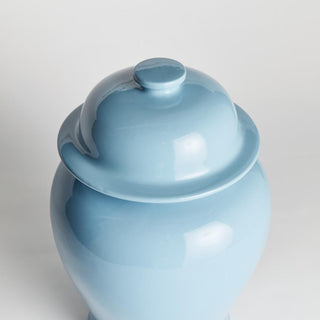 Light blue large Koa lidded ginger jar shown with lid removed, modern traditional style, Third & Main