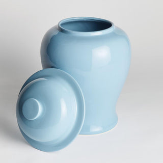 Light blue large Koa lidded ginger jar styled as a decorative accent, modern traditional style, Third & Main