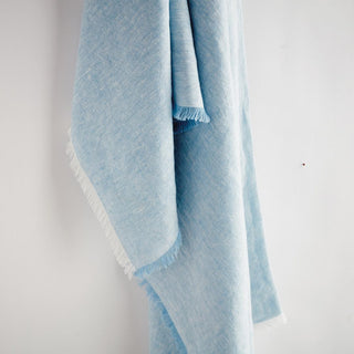 Light blue European linen throw blanket, close texture detail