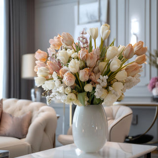 Light Peach True Bloom Real Touch Tulip stems arranged in a white ceramic vase in a styled living room, Third & Main