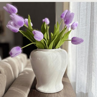 Close-up of light purple True Bloom real touch tulip stem showing lifelike petal texture and stem detail, Third & Main