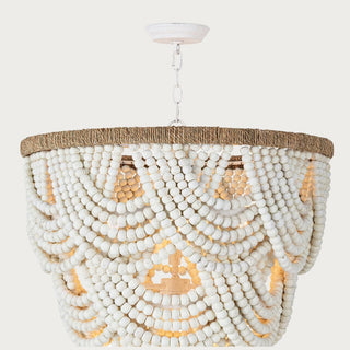 Side angle view of the Lorelei wood bead chandelier showing bead cascade