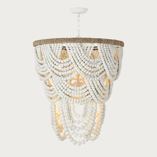 Lorelei wood bead chandelier with cascading white beads over a jute-wrapped frame, Third & Main